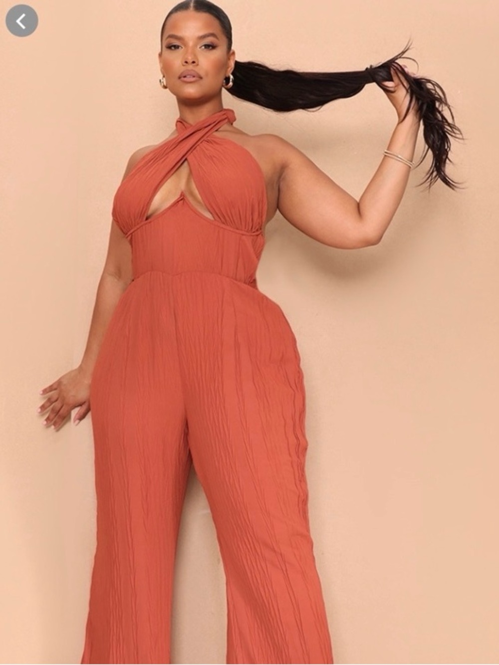 PrettyLittleThing Rust Halter Twist Wide-Leg Jumpsuit